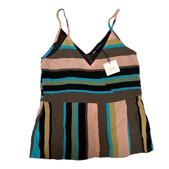 Zara Top Womens XS Brown‎ Stripe Tank Plunge Pink Blue Faux Wrap Plunge V Neck - Picture 10 of 11